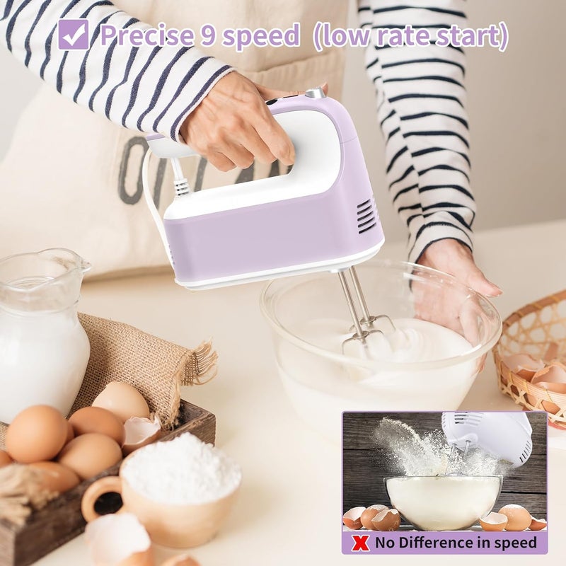Yomelo 9-Speed Digital Hand Mixer Electric, 400W Powerful DC Motor, Hand Mixer Electric Handheld with Snap-On Storage Case, 5 Stainless Steel Accessories, Beaters, Dough Hooks, Whisk(Lilac Purple) - Image 4